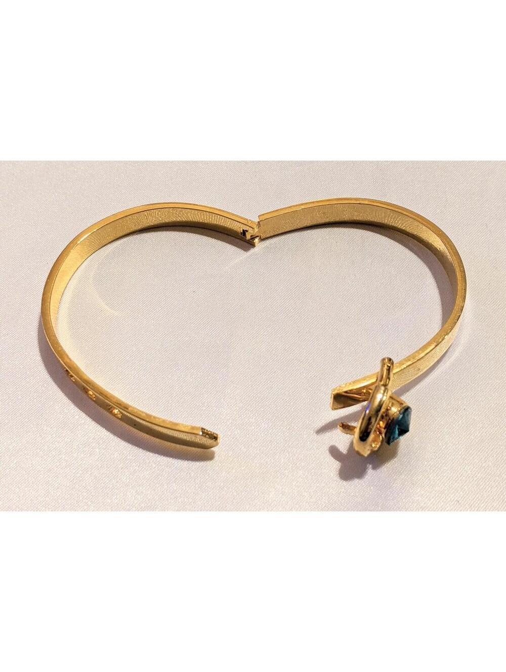 VTG 80s Hinged Bangle Bracelet Blue-Green Crystal Buckle Adjustable Gold Tone - Picture 5 of 7